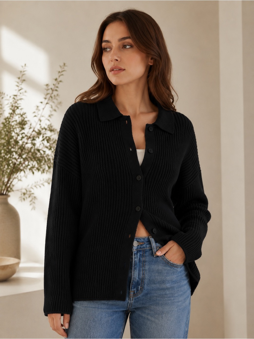 Button Up Long Sleeve Black Knit Sweater Cardigan Size M